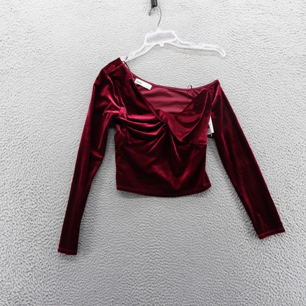 elodie Womens Burgundy Velvet One Shoulder Long Sleeve Crop Top Small NEW